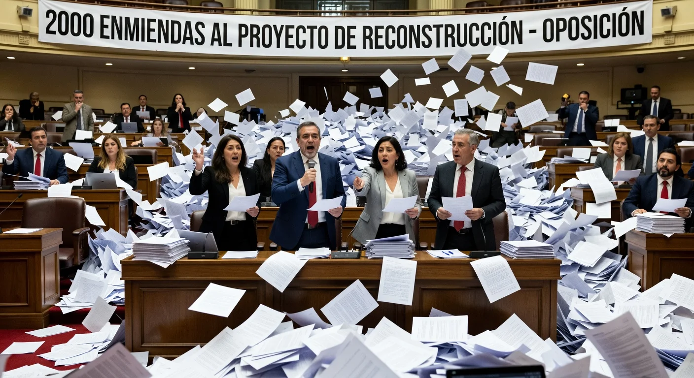 Chilean opposition lawmakers in parliament facing a flood of amendment documents symbolizing opposition to a major reform.