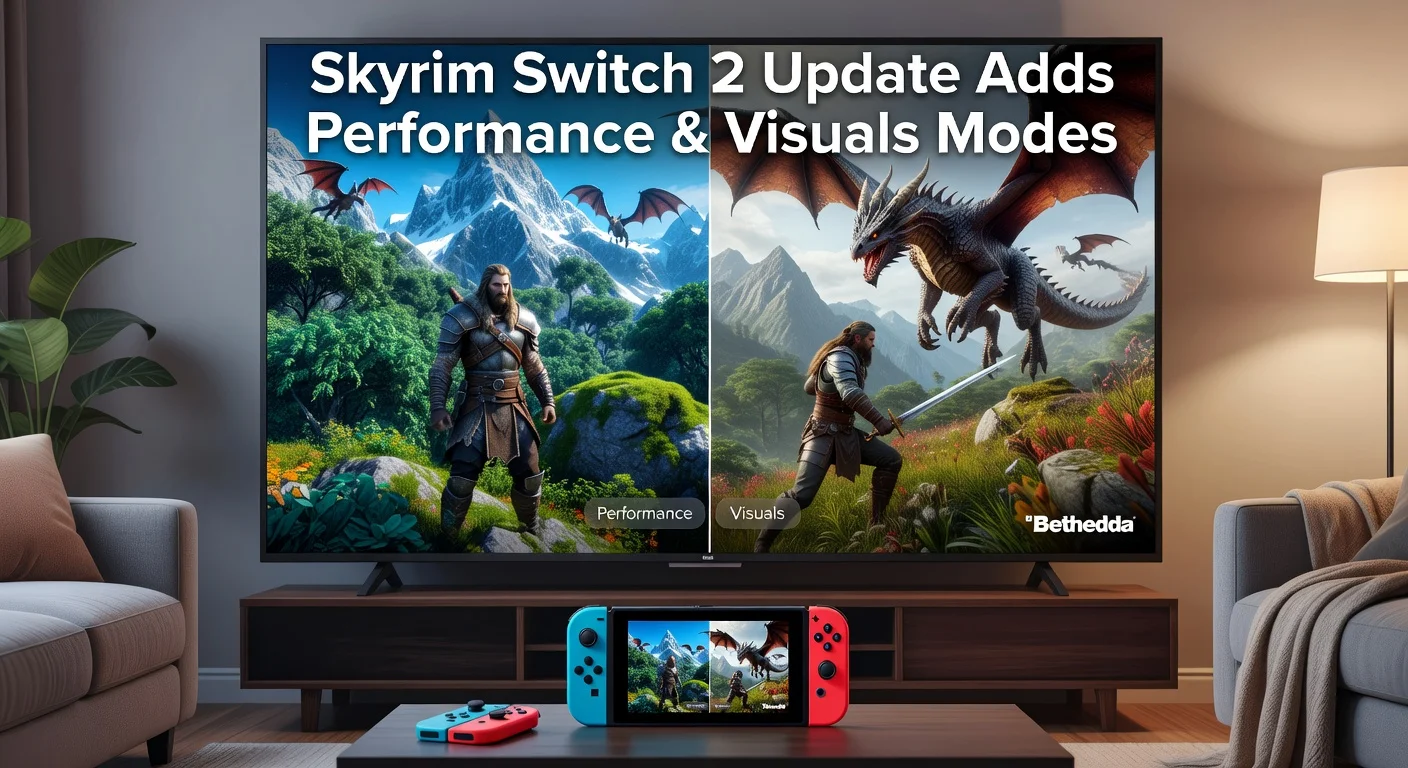 Illustration of Nintendo Switch 2 running Skyrim update 1.2, split-screen showing Performance vs Visuals modes in a vivid fantasy landscape.