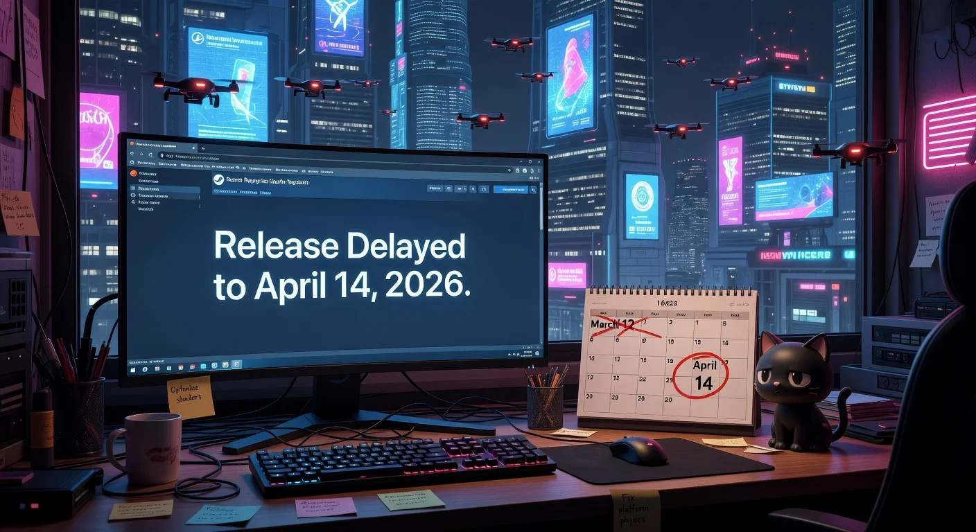 Realistic illustration of a game developer's desk announcing the 'Replaced' cyberpunk platformer delay to April 14, 2026, with crossed-out calendar and neon cityscape.
