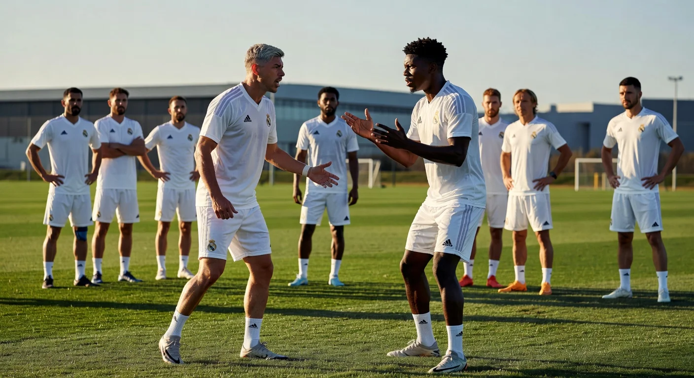 Real Madrid players Valverde and Tchouaméni in a training ground confrontation.
