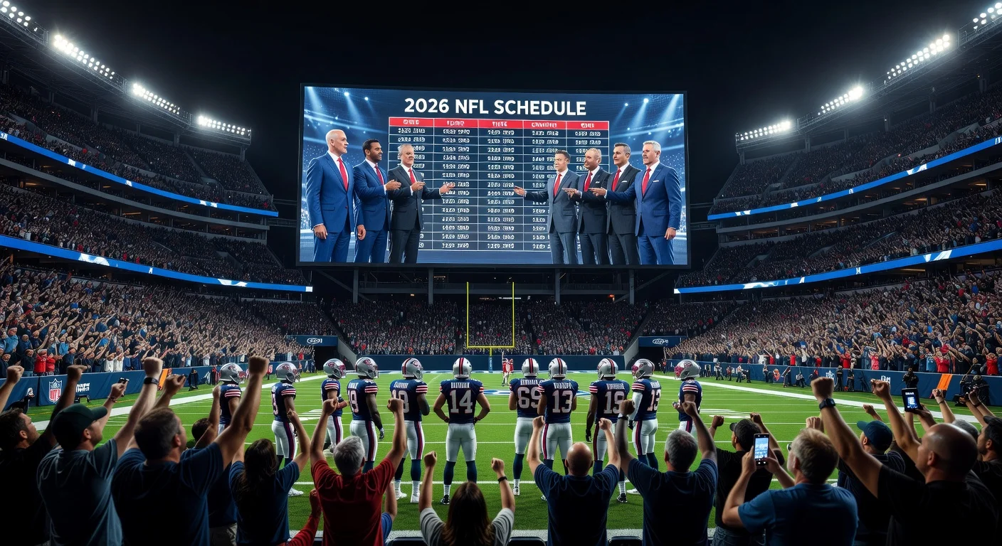 Illustration of NFL executives announcing the 2026 season schedule in a stadium.