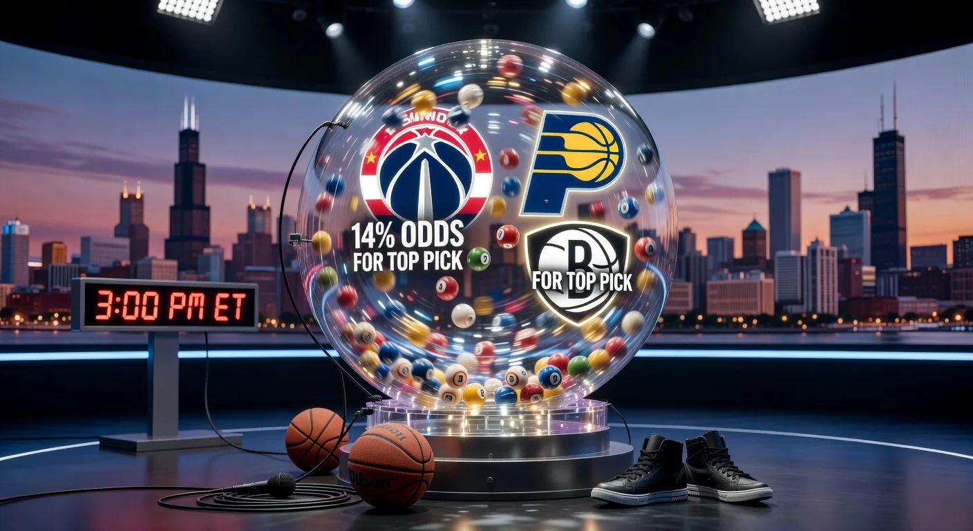 Dramatic illustration of the 2026 NBA Draft Lottery featuring the Wizards, Pacers, and Nets with 14% top-pick odds during the Chicago drawing.