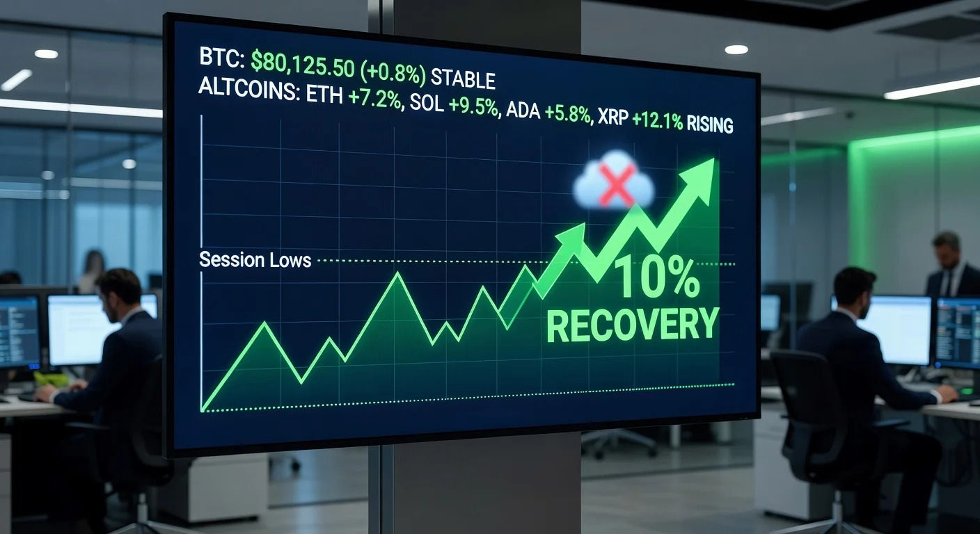 Illustration of Coinbase stock rebounding after earnings miss and AWS outage, with Bitcoin above $80,000.