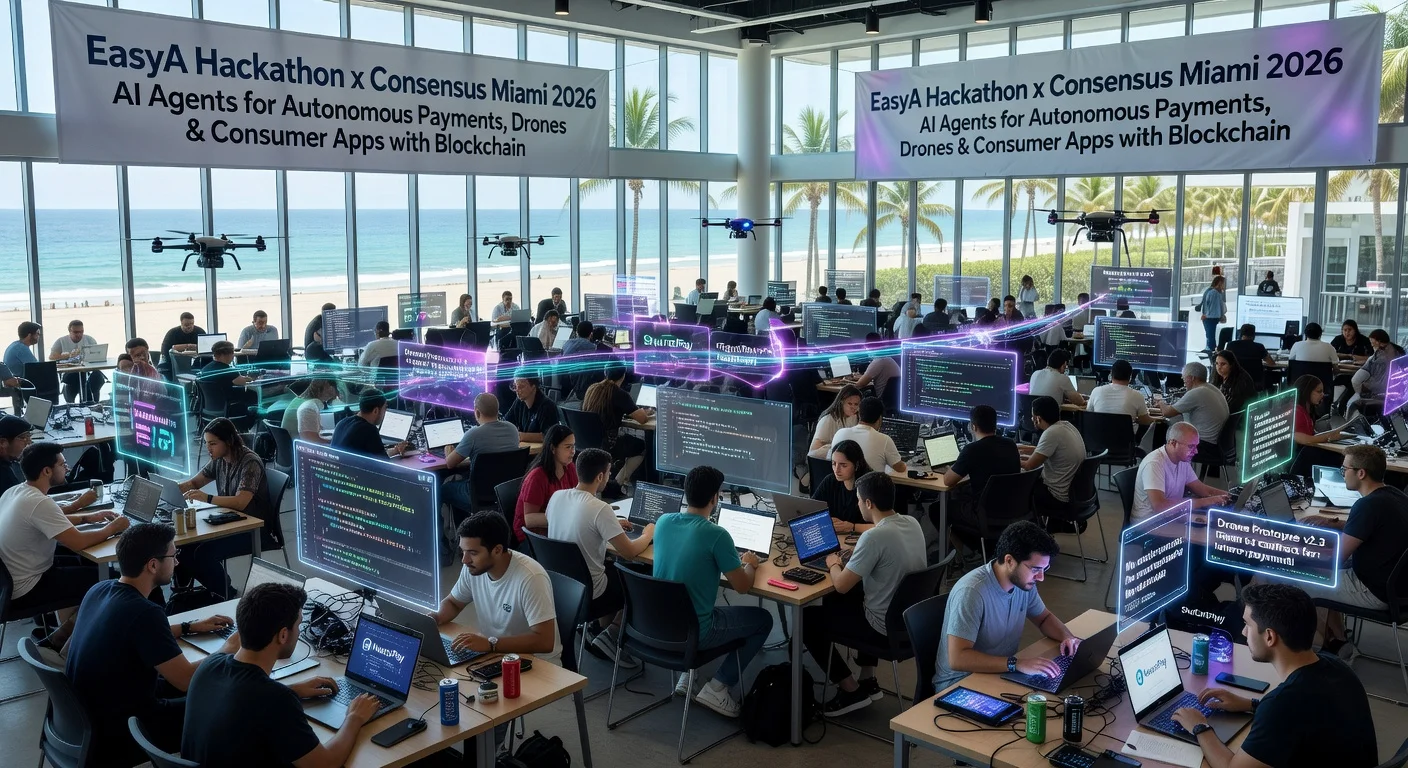 A bustling crowd of developers at an AI and blockchain hackathon in Miami Beach, building innovative projects with AI agents and drones.