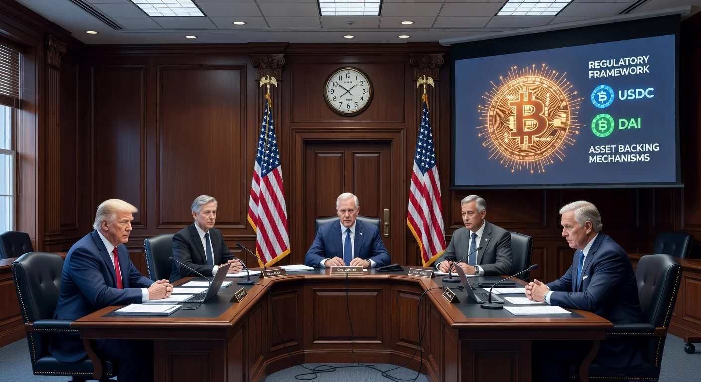 Photorealistic illustration of Senate Banking Committee markup hearing on digital asset regulations