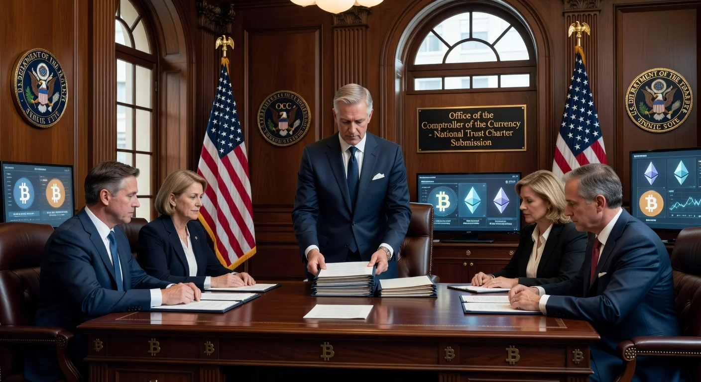 Illustration of Payward executive applying for OCC trust charter with crypto elements in a government office.