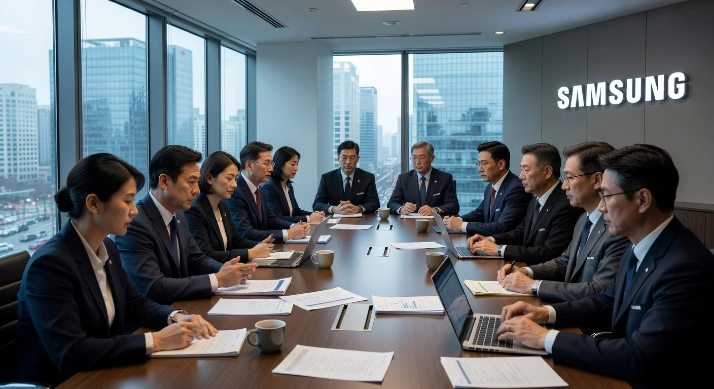 Illustration of Samsung union and management in wage negotiation talks in a boardroom.