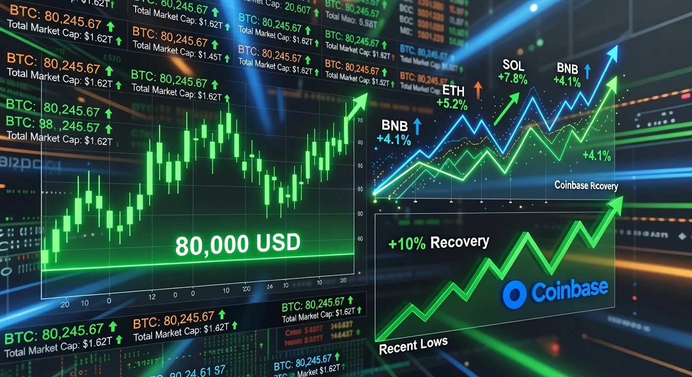 Bitcoin holding above $80,000 with altcoins and Coinbase rebounding in a financial chart illustration.