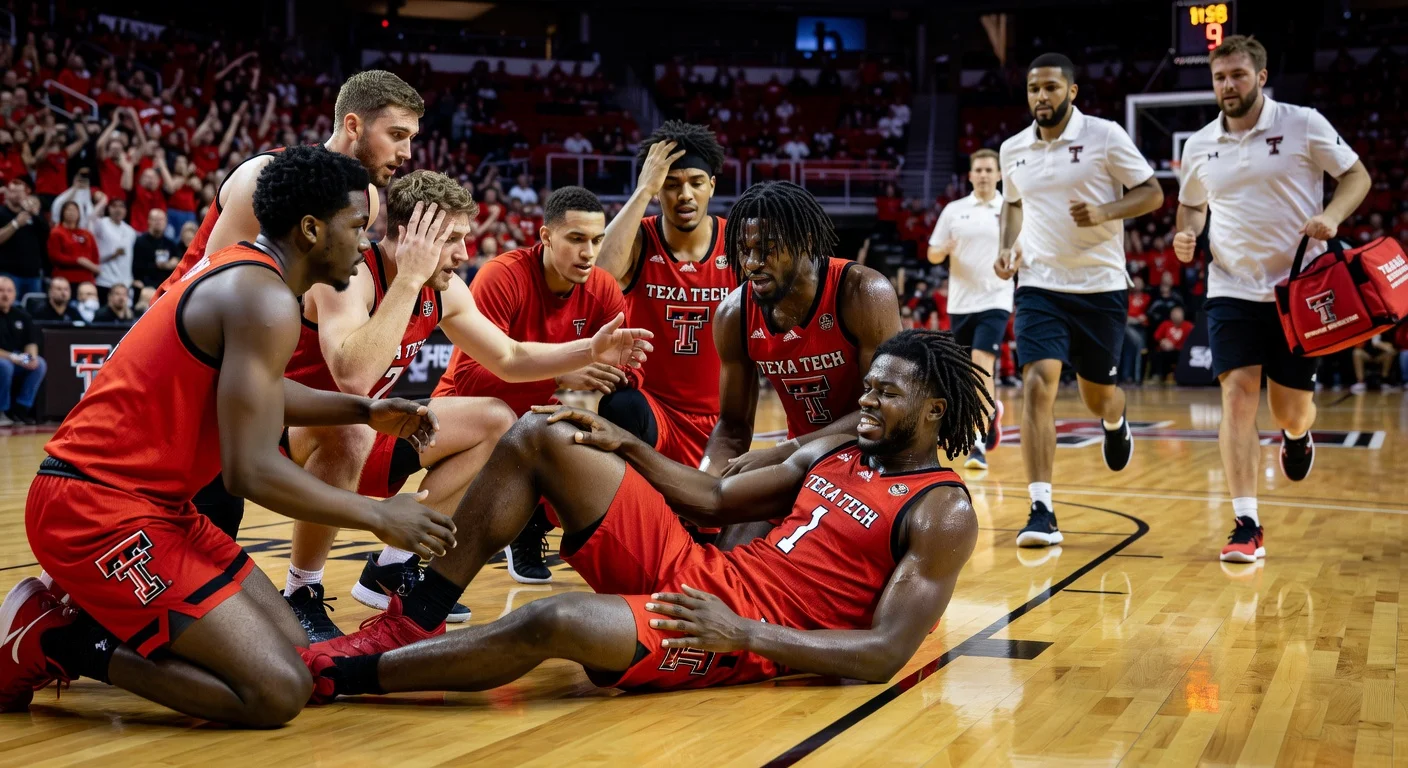 Texas Tech's JT Toppin in agony on the court clutching torn ACL knee, teammates and trainers attending amid game tension.