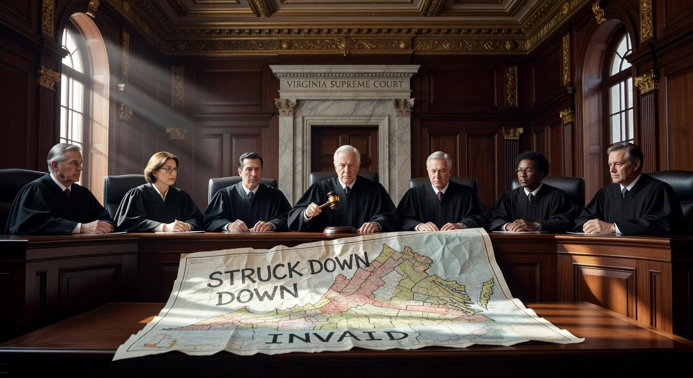 Virginia Supreme Court justices rejecting a redistricting map in a courtroom setting