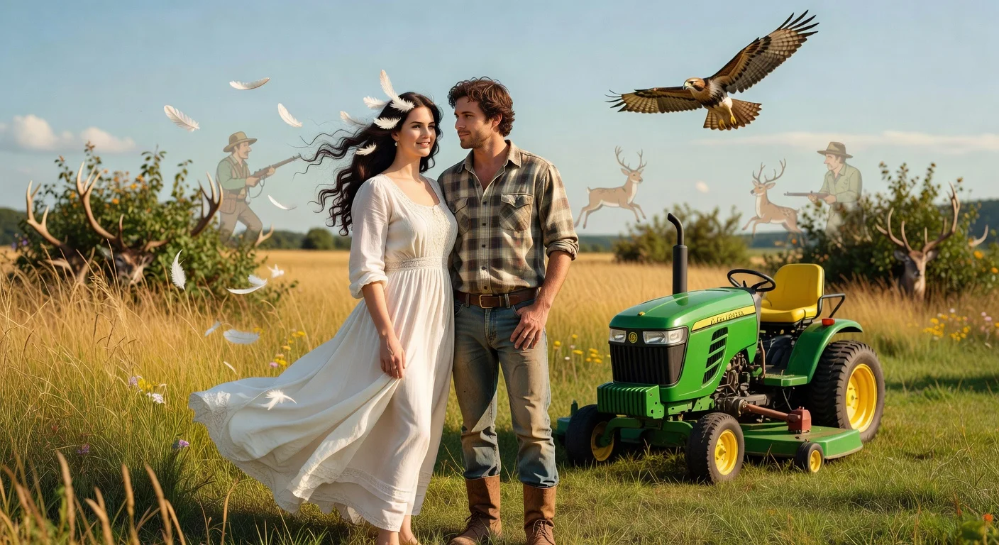 Lana Del Rey and husband Jeremy Dufrene in a scenic field with green John Deere mower, evoking her surreal music video 'White Feather Hawk Tail Deer Hunter'.