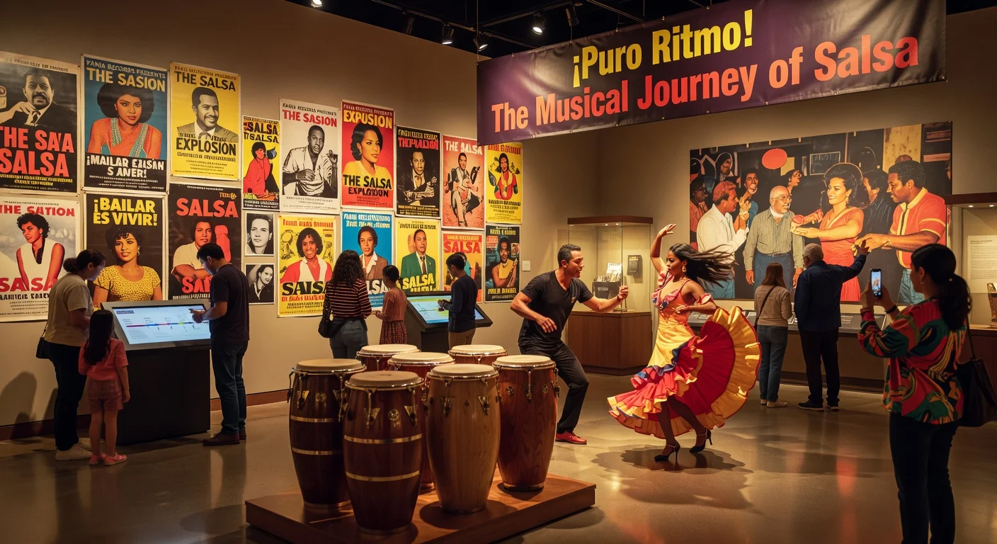 Alt text for news article: Vibrant exhibition displays of salsa music history in the Smithsonian museum gallery.