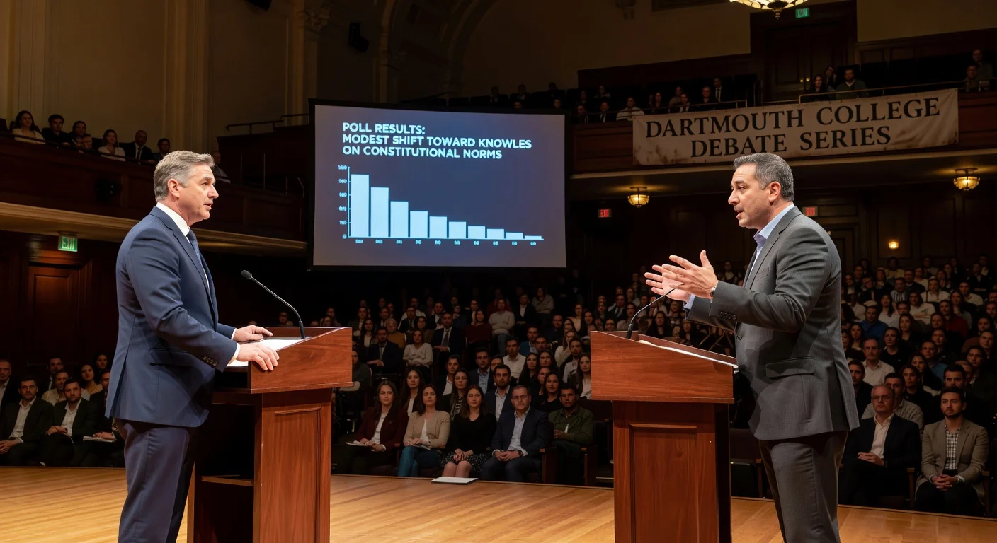Michael Knowles and Mehdi Hasan debating at Dartmouth on stage with audience and poll graphic