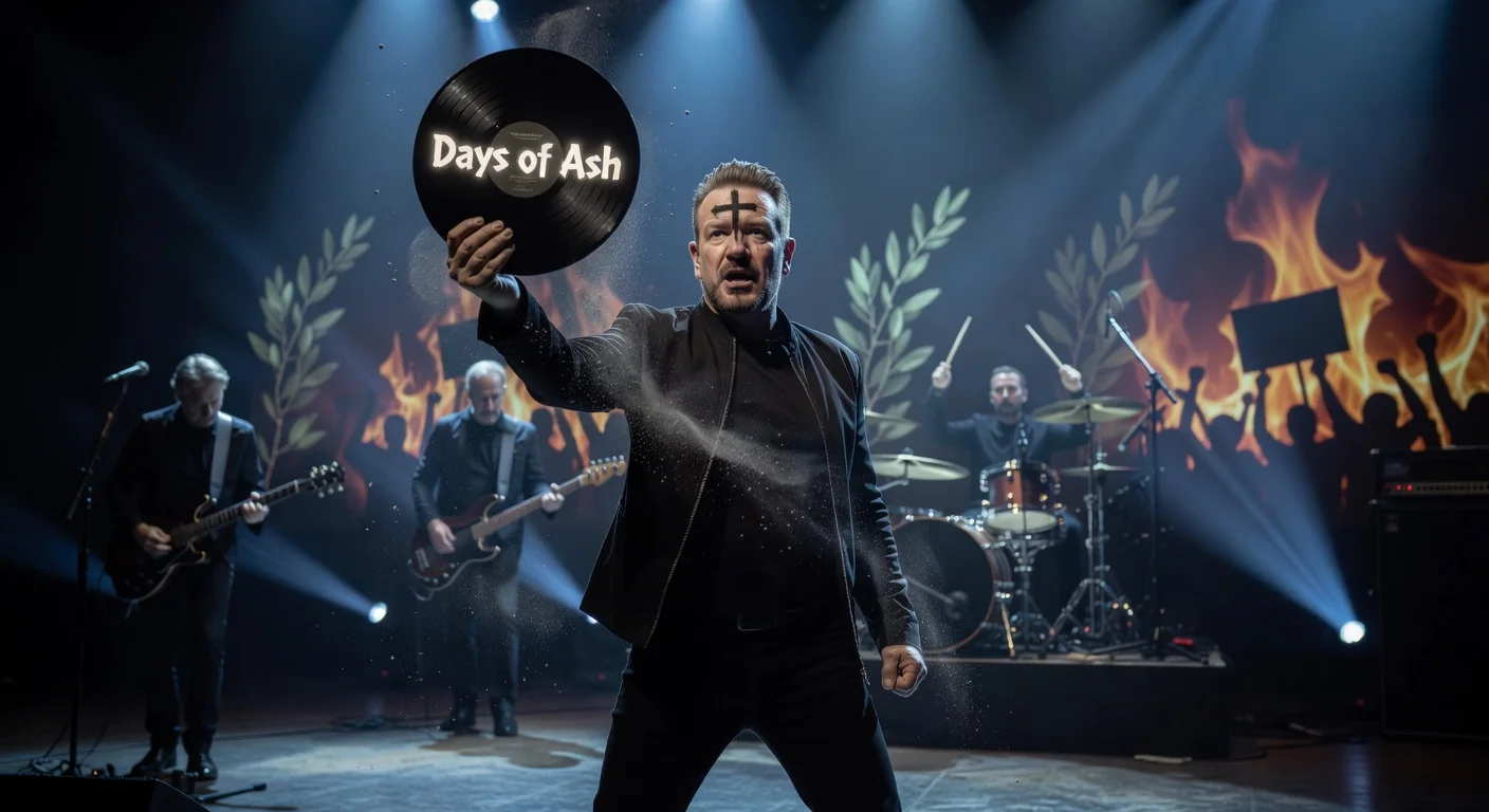 Bono with Ash Wednesday cross on forehead holding U2's 'Days of Ash' EP on stage, symbolizing the surprise release amid political themes.