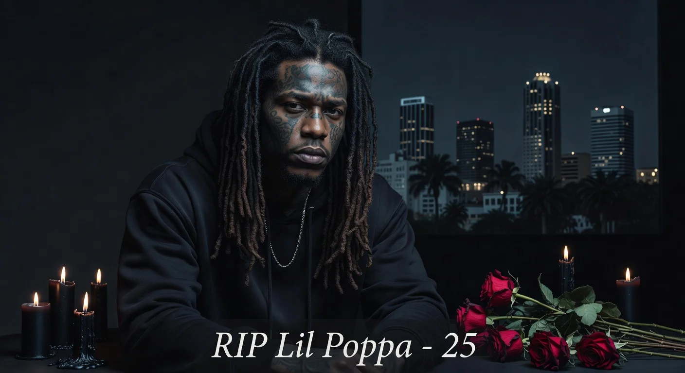 Somber portrait of rapper Lil Poppa with memorial elements for news article on his death at 25.