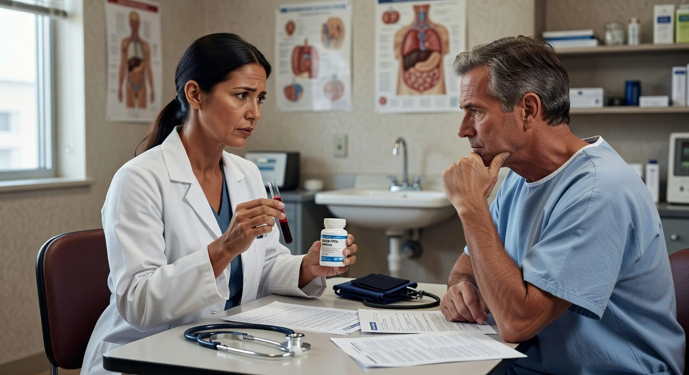 A doctor discussing the risks of biotin supplements with a cancer patient in a medical office, highlighting potential issues with blood tests.