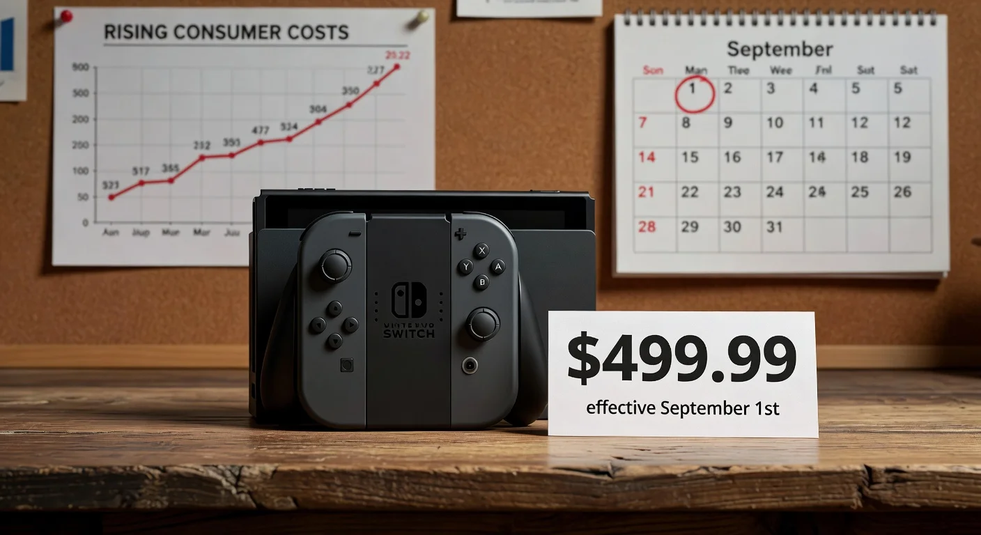 Nintendo Switch 2 console with price increase to $499.99 tag and September calendar in a realistic setting.