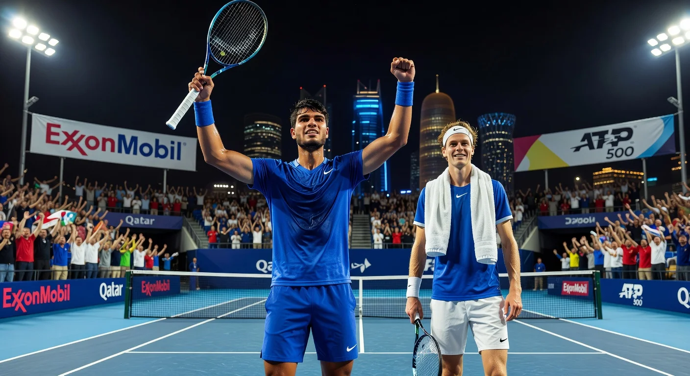 Carlos Alcaraz and Jannik Sinner celebrate quarterfinal advancements at Qatar ExxonMobil Open in Doha.
