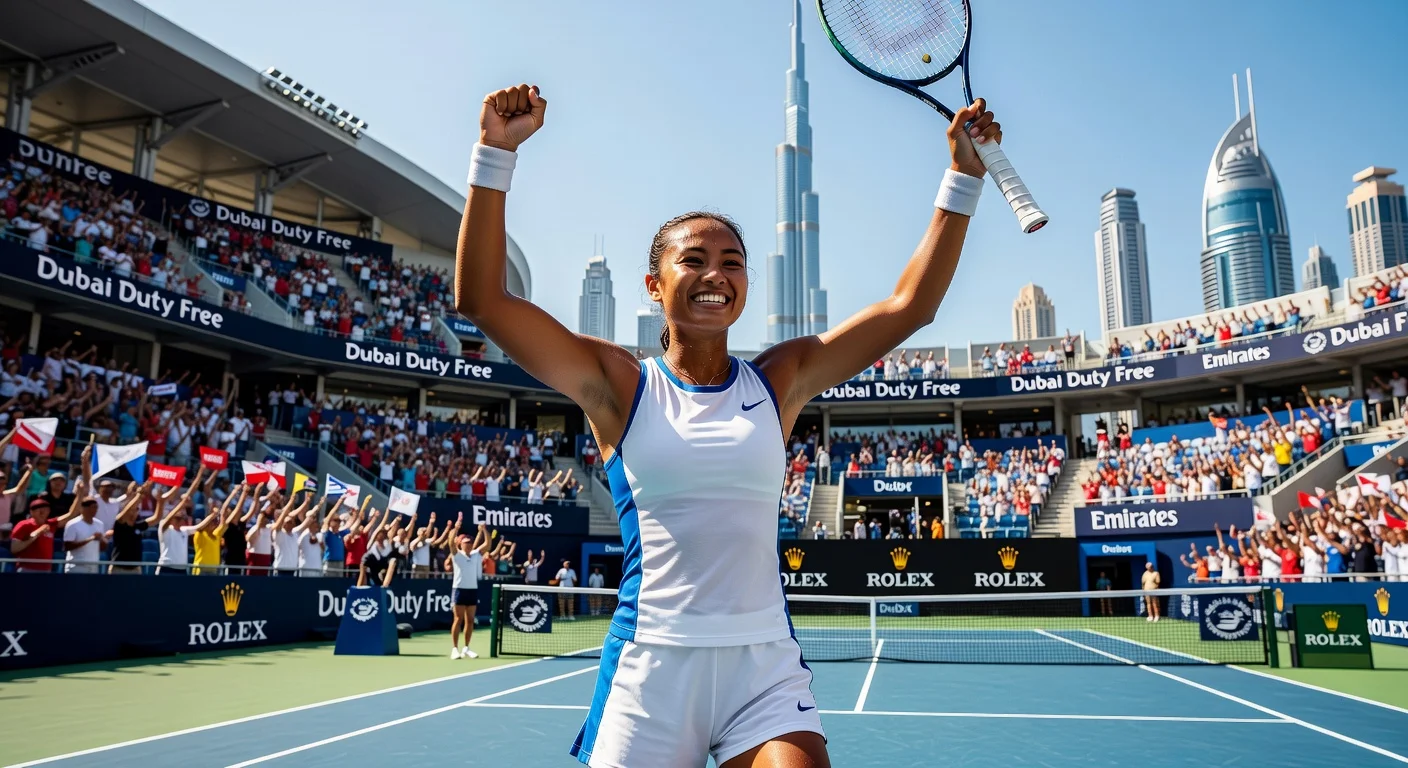 Alexandra Eala celebrates quarterfinal win over Sorana Cirstea at Dubai Duty Free Tennis Championships, set to face Coco Gauff.