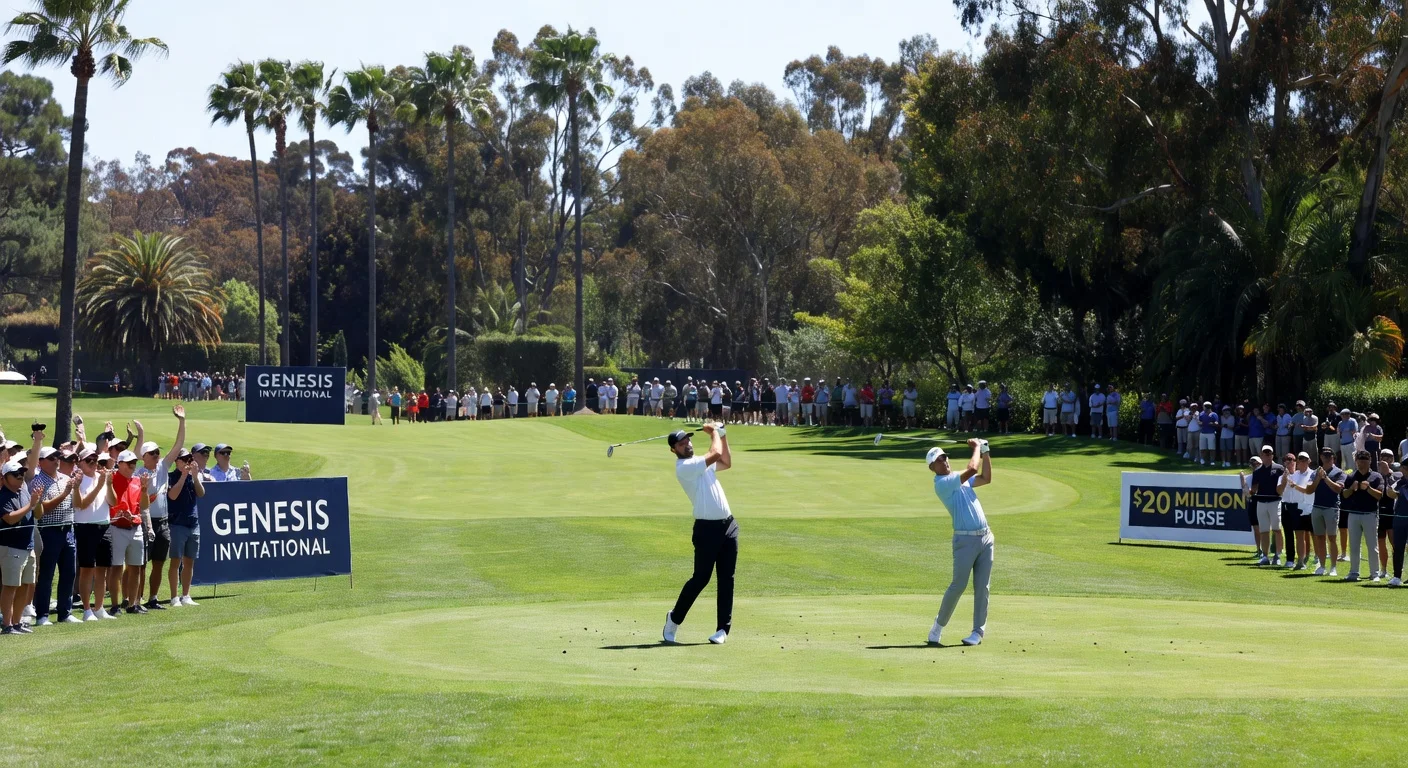 Golfers Scottie Scheffler and Collin Morikawa in action at the Genesis Invitational's return to Riviera Country Club, with crowds and event banners.