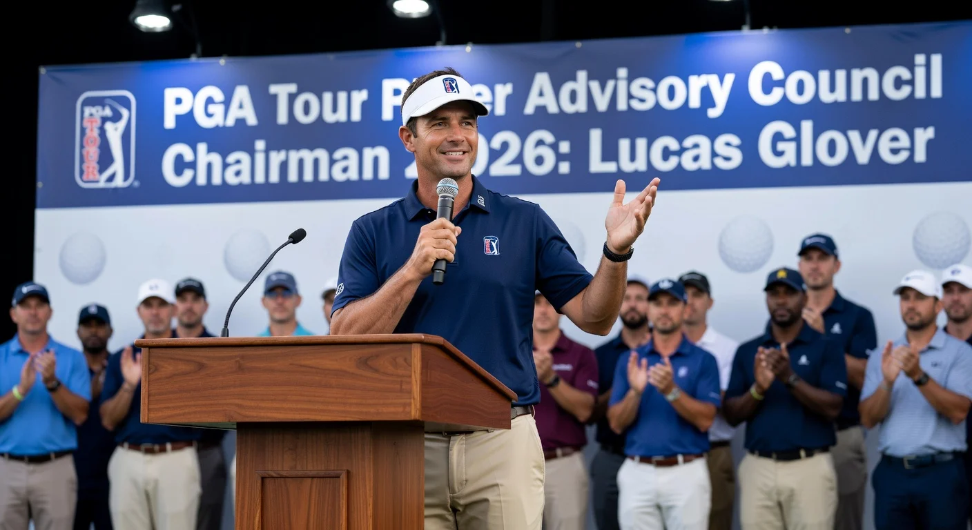 Lucas Glover, 2009 U.S. Open champion, elected 2026 PGA Tour Player Advisory Council chairman, speaking at podium with applauding golfers.