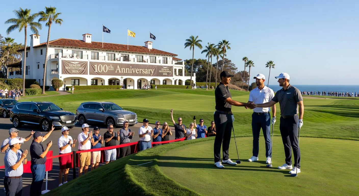 Riviera Country Club scene for 2026 Genesis Invitational 100th anniversary, featuring Tiger Woods with Scheffler and McIlroy amid cheering fans.