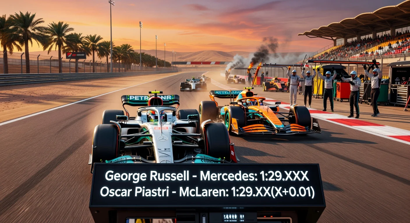 George Russell's Mercedes leads Oscar Piastri's McLaren by 0.01s at Bahrain F1 pre-season test, with troubled rivals in background.