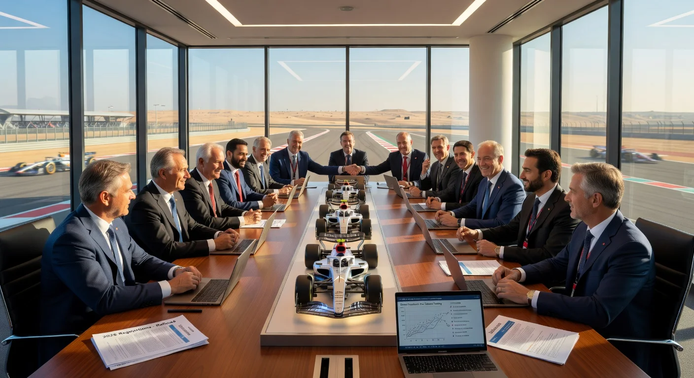 FIA Formula 1 Commission in Bahrain refining 2026 regulations, with 2026 car models and testing visuals.