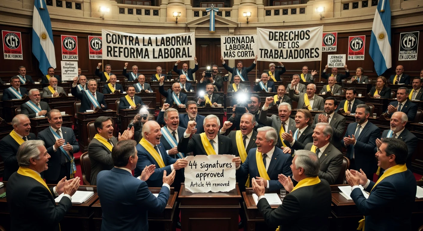 Argentine deputies from La Libertad Avanza approve labor reform with 44 signatures after concessions, as opposition presents counter-proposal and CGT strike looms.