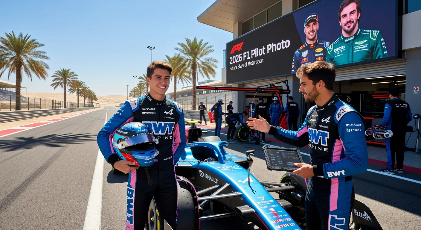Franco Colapinto at Alpine F1 preseason tests in Bahrain, smiling with teammates Pérez, Alonso, and Gasly.