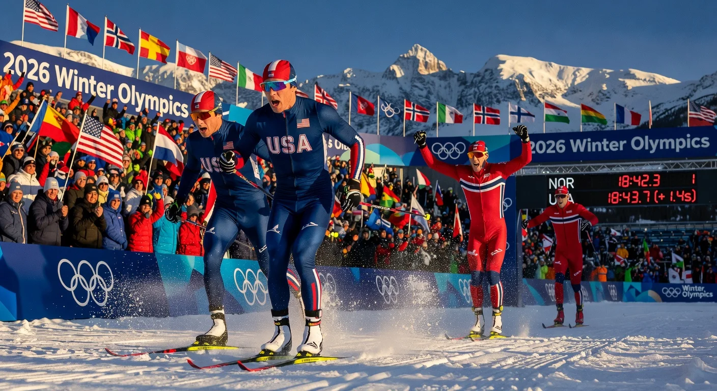 U.S. skiers Ben Ogden and Gus Schumacher cross the finish line for historic silver in Olympic men's cross-country team sprint, trailing Norwegian gold winners.