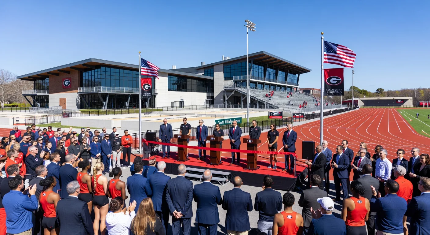Dedication ceremony crowd and officials at the new University of Georgia Track and Field Complex ribbon-cutting event.