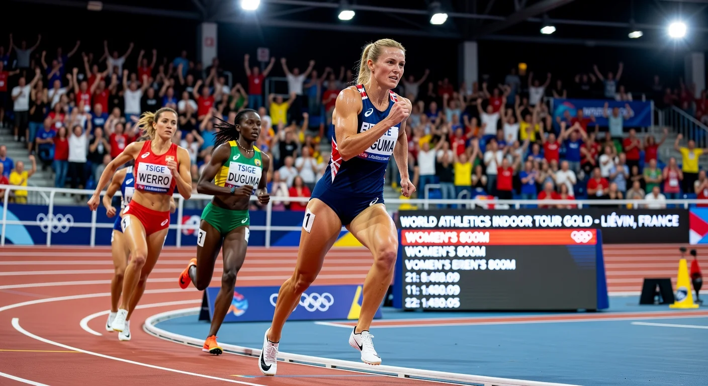 Keely Hodgkinson racing intensely in the indoor 800m at Liévin, poised to break the world record.
