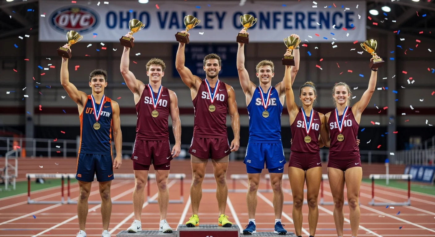 OVC track and field athletes Isaac Boles, Sydney Burdine, Clara Billing, Jake Cannon, and Grant Milbrath honored with weekly awards on indoor podium.