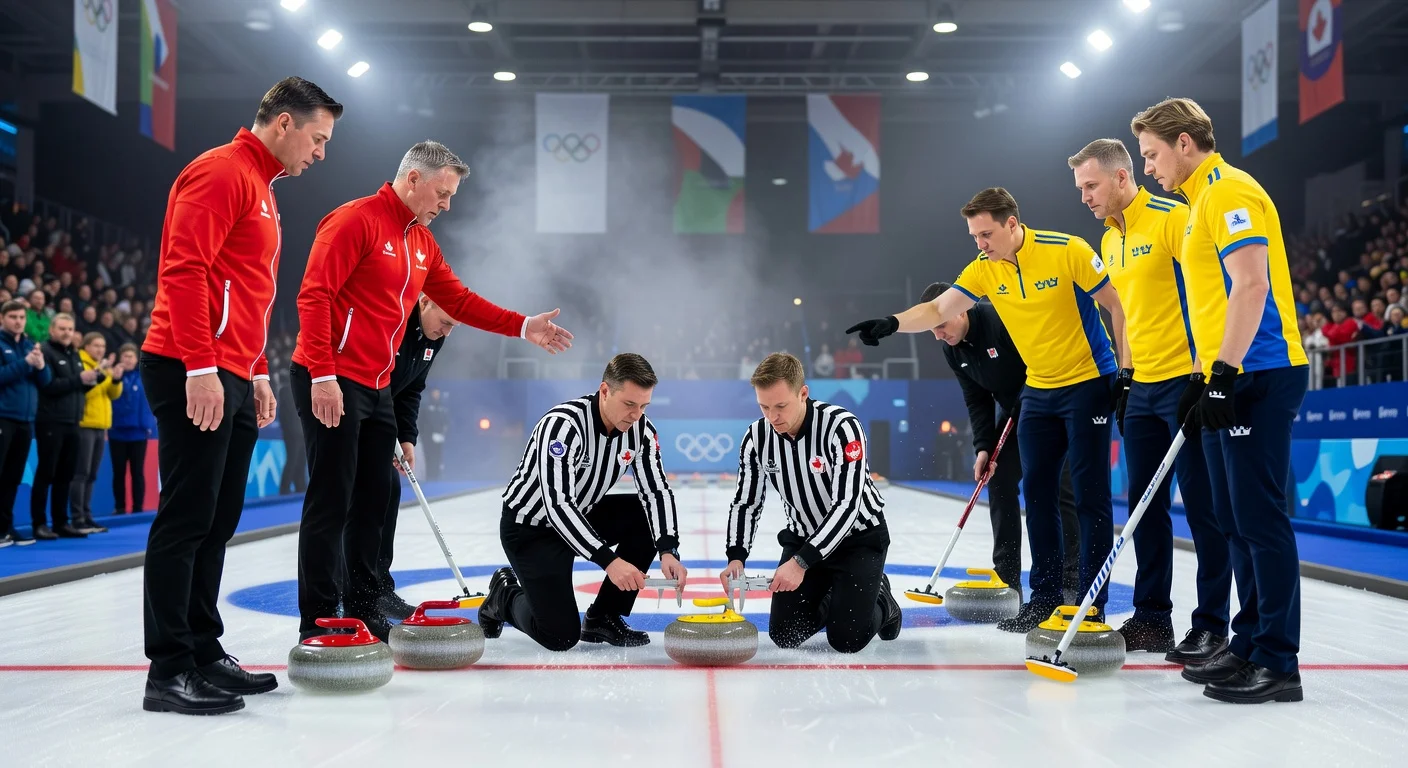 Dramatic scene of Canada-Sweden curling double-touch dispute at 2026 Olympics, with officials measuring stones on ice.