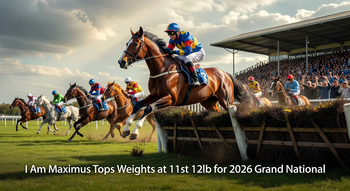 I Am Maximus, top-weighted at 11st 12lb for the 2026 Grand National, leaping over Becher's Brook fence at Aintree in a dynamic race action shot.