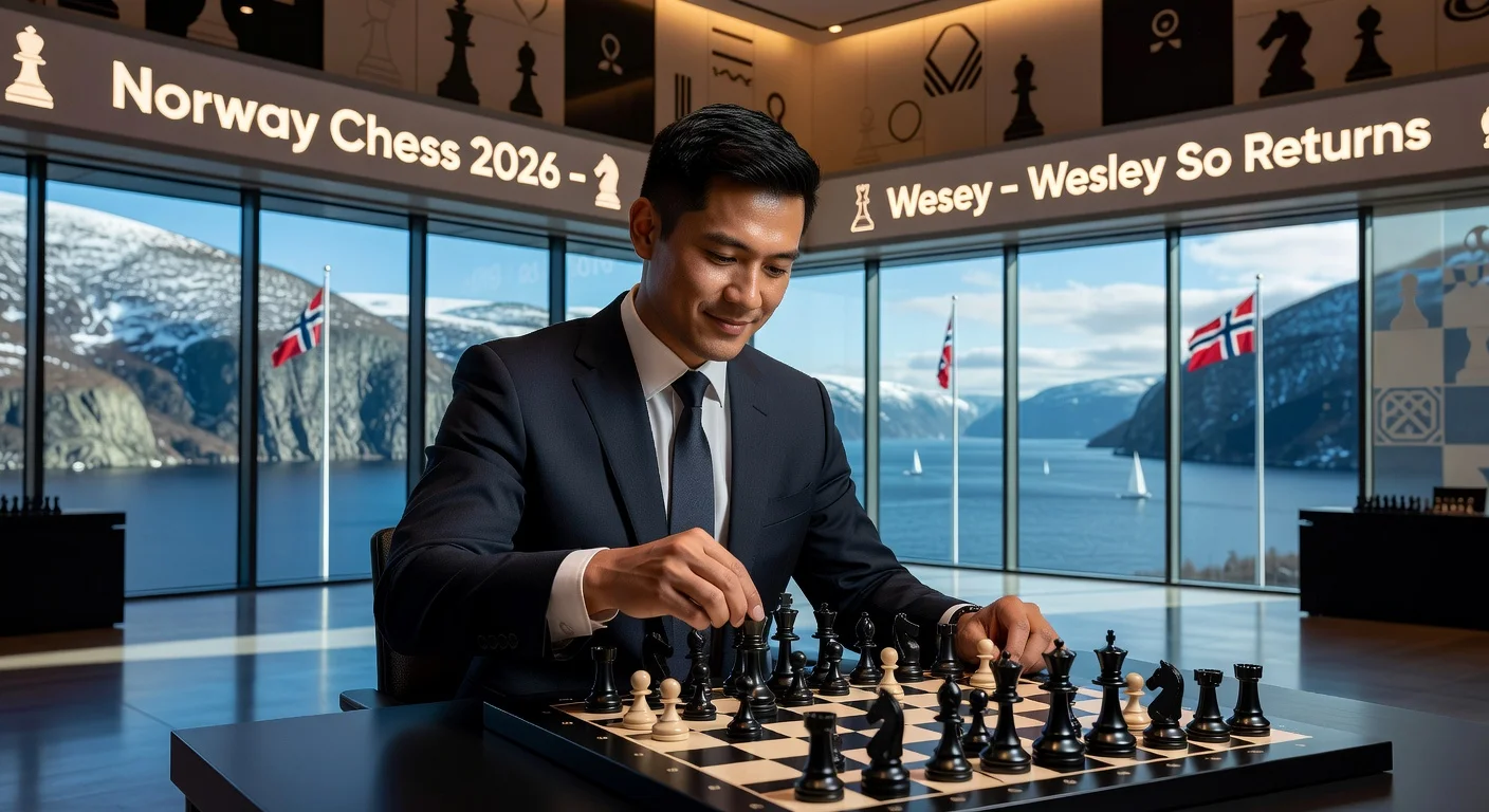 Chess grandmaster Wesley So at Norway Chess 2026 press event, smiling at chessboard with Oslo backdrop.