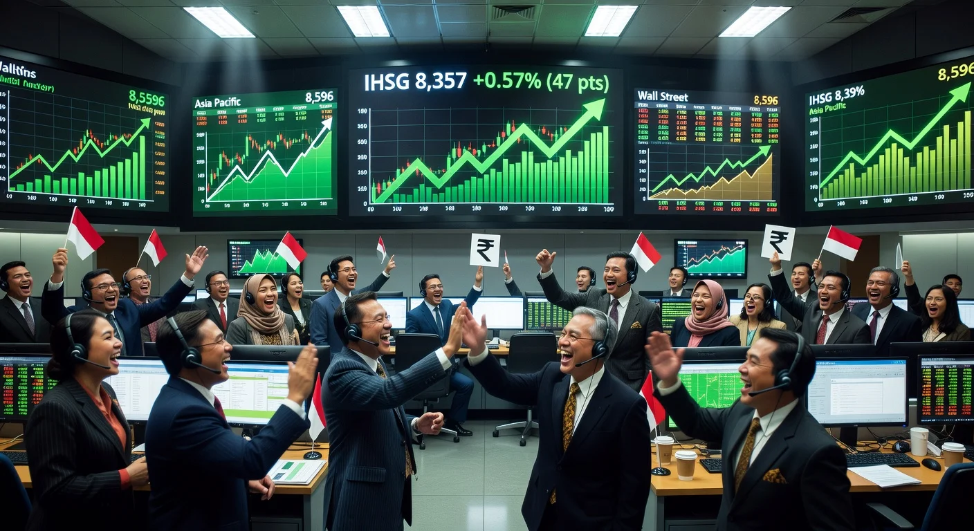 Jakarta Stock Exchange traders monitor screens showing IHSG opening higher at 8,357 amid Asian rally.