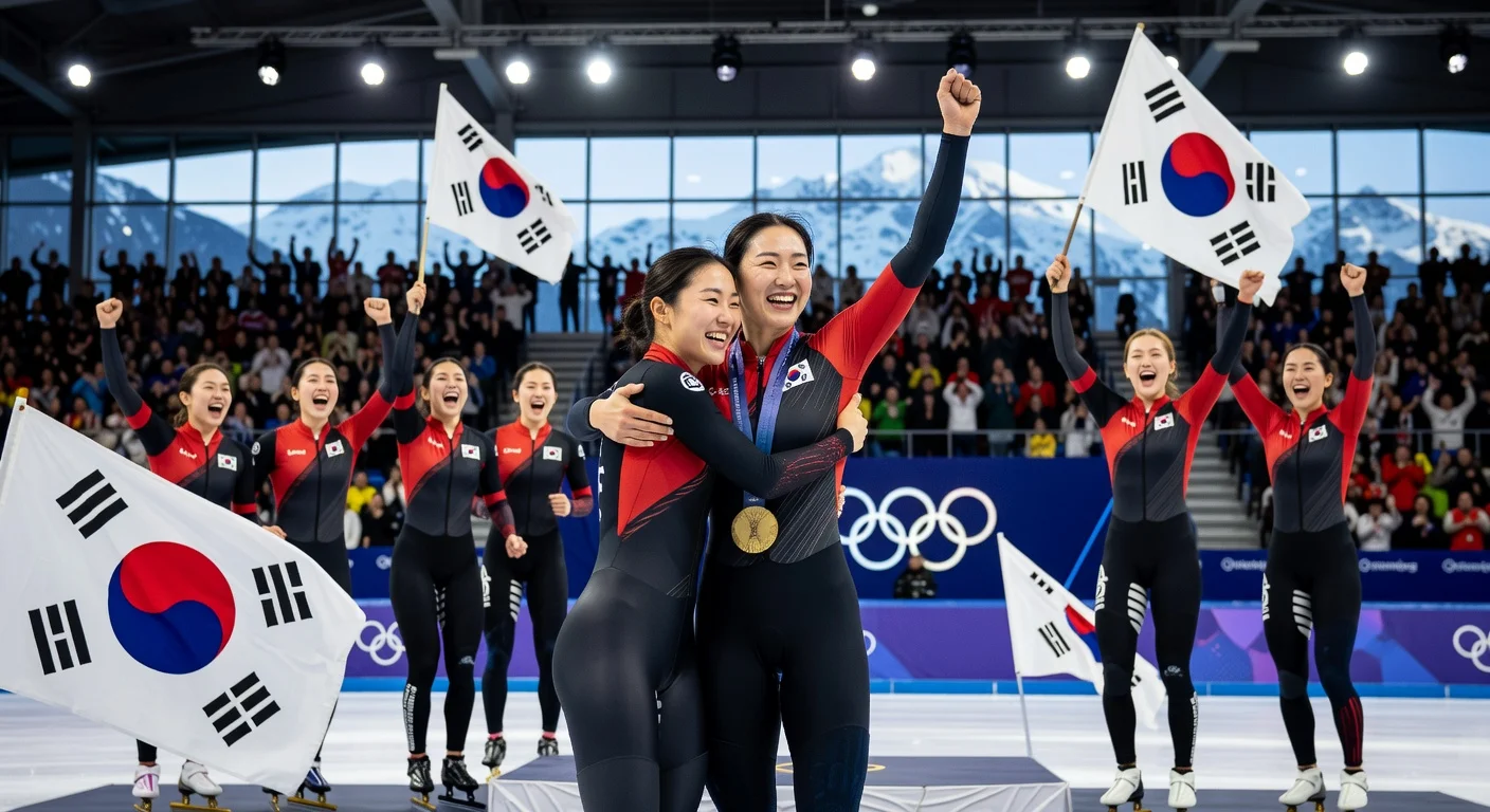 Choi Min-jeong and South Korean women's short track relay team celebrate Olympic gold medal on podium.