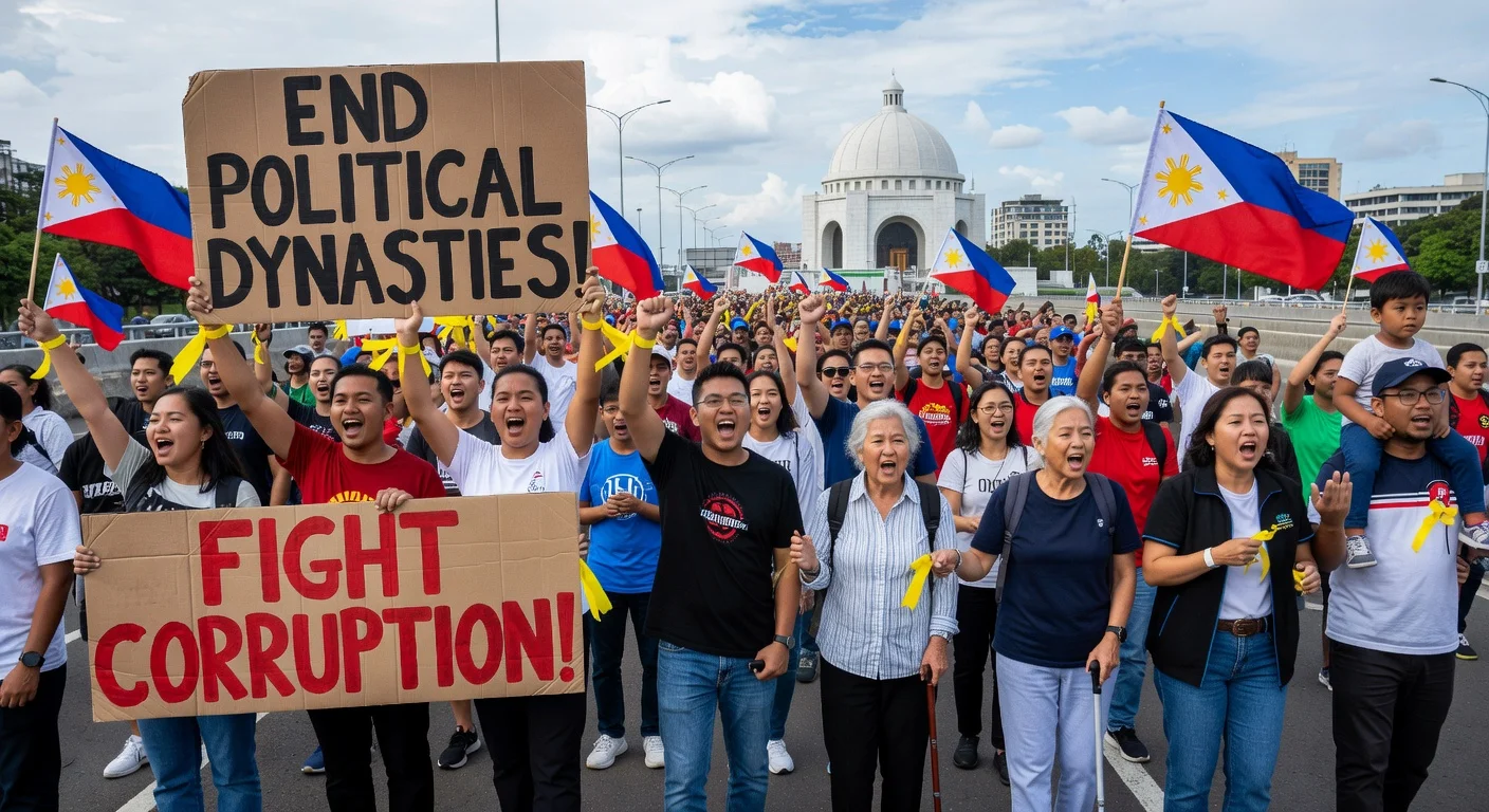 Crowds at EDSA highway in Manila protesting corruption during 40th anniversary of Philippines' People Power Revolution.