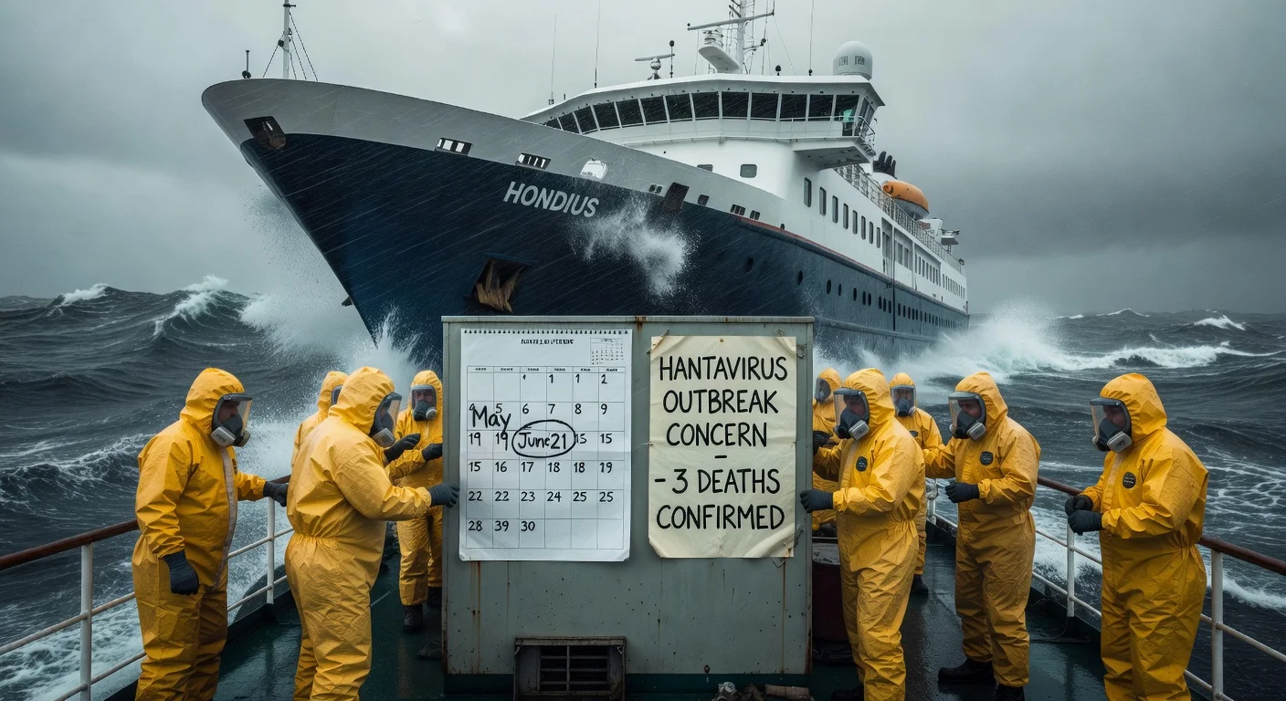 Illustration of the cruise ship Hondius during a hantavirus outbreak investigation, showing key dates for spread monitoring.