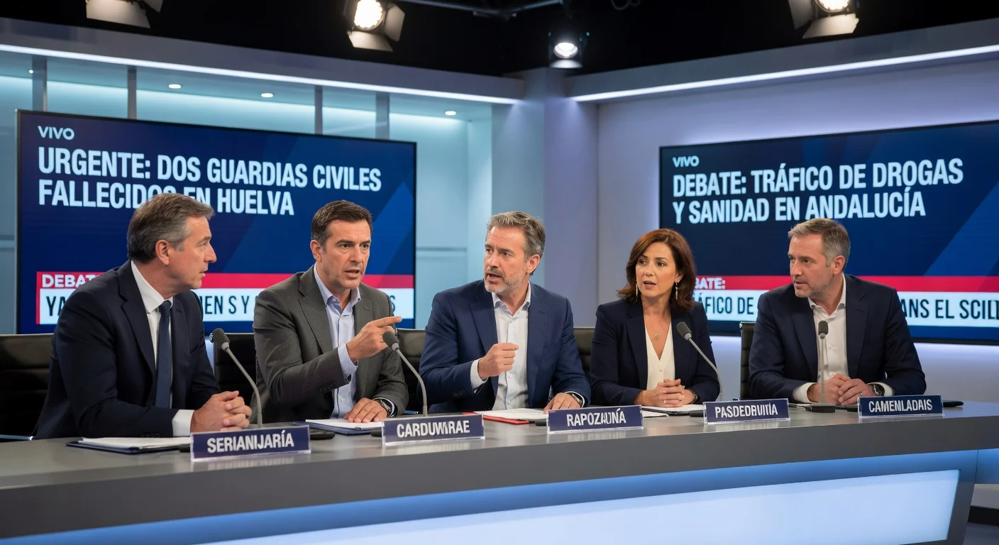Five Andalusian presidency candidates debating intensely on Canal Sur TV, with screens showing drug trafficking, healthcare, and civil guard deaths headlines.