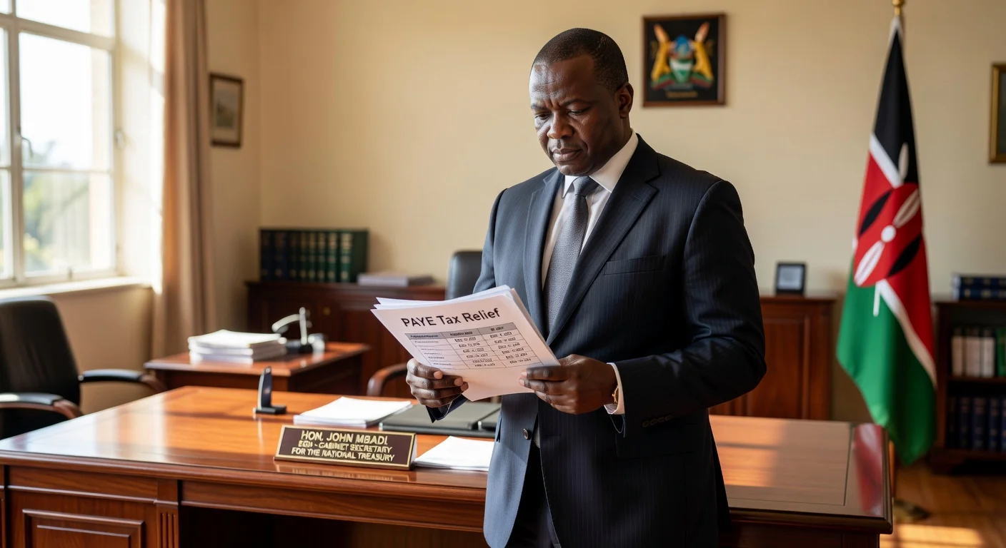 Treasury Cabinet Secretary John Mbadi reviewing PAYE tax relief documents in a government office