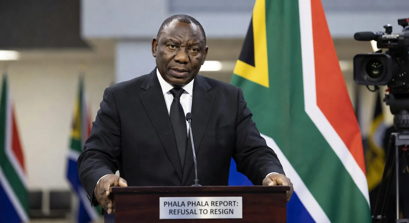 President Cyril Ramaphosa standing at a podium refusing to resign, with South African flag in the background.