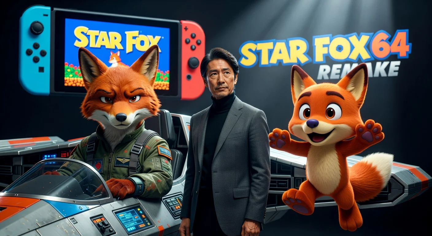 Illustration of Star Fox creator comparing realistic remake Fox McCloud with the cuter movie version