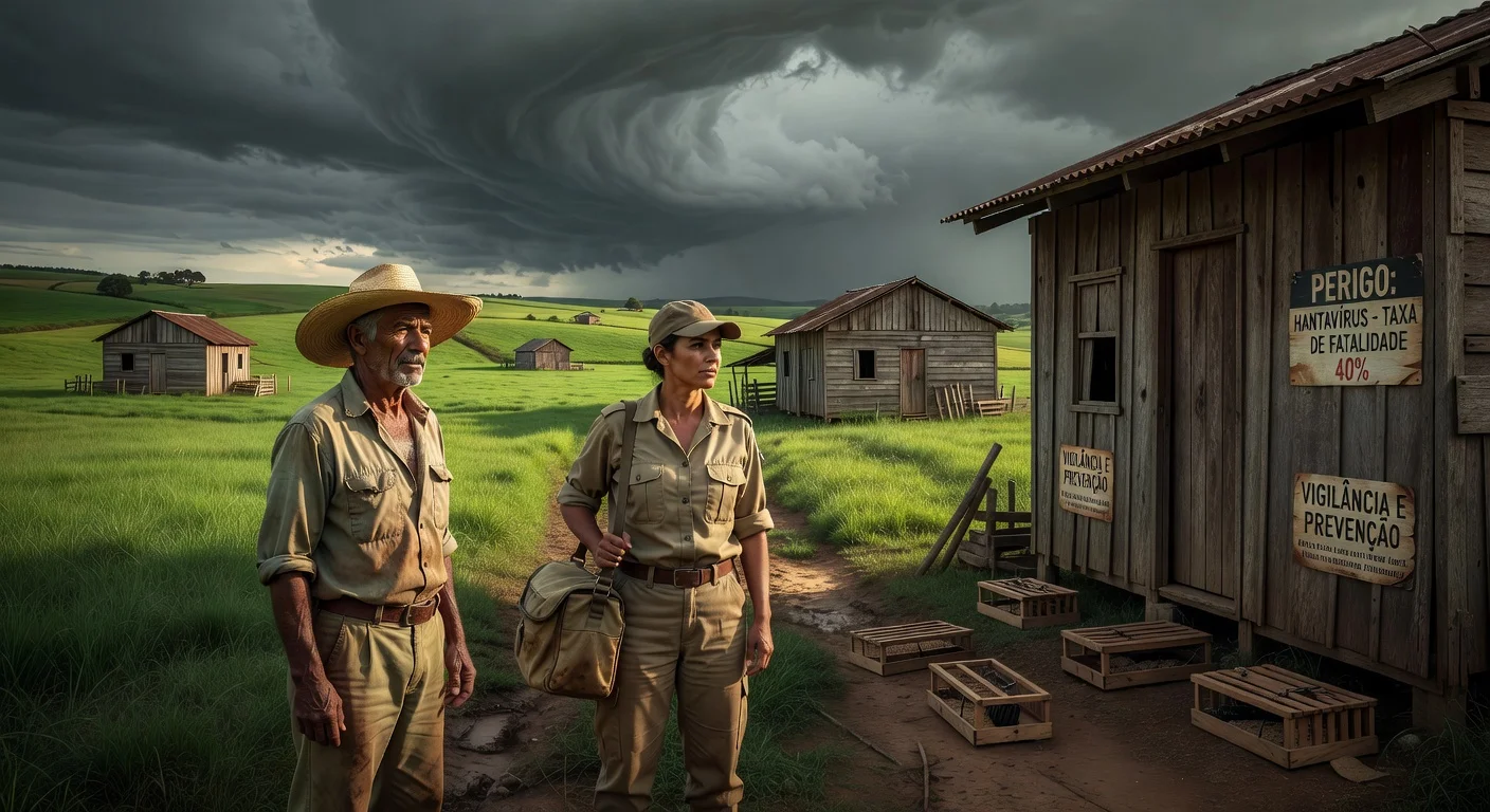 Rural Brazilian countryside scene with a farmer and health worker highlighting the hantavirus threat.