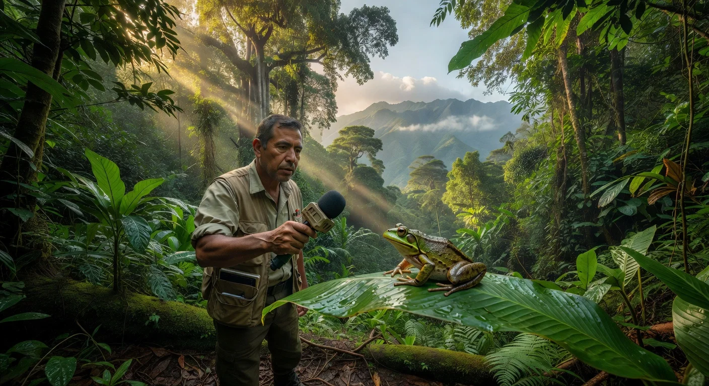 Community researchers recording the first song of the Osteocephalus omega frog in the Huila rainforest, Colombia.