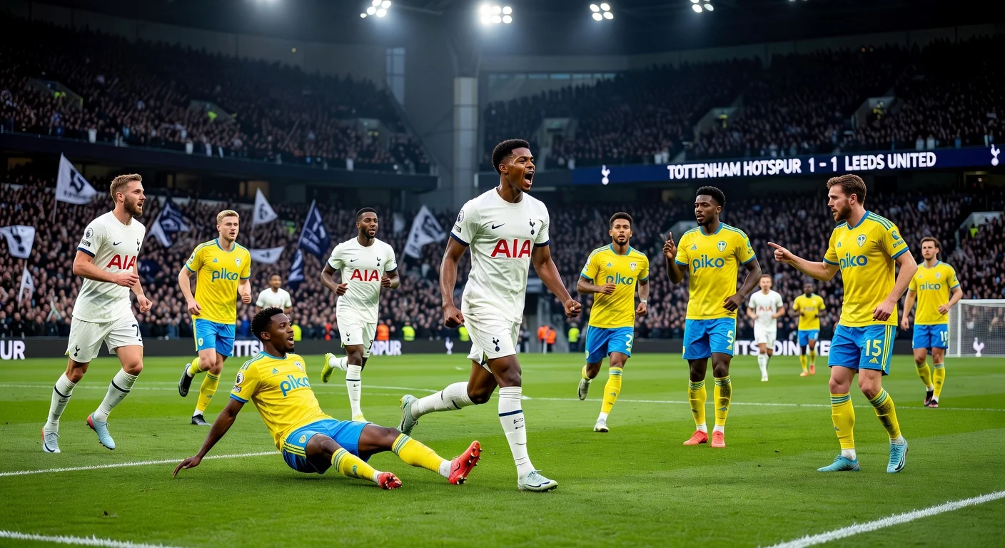 Dynamic scene from the Tottenham vs Leeds Premier League match showing Mathys Tel in action during the 1-1 draw.