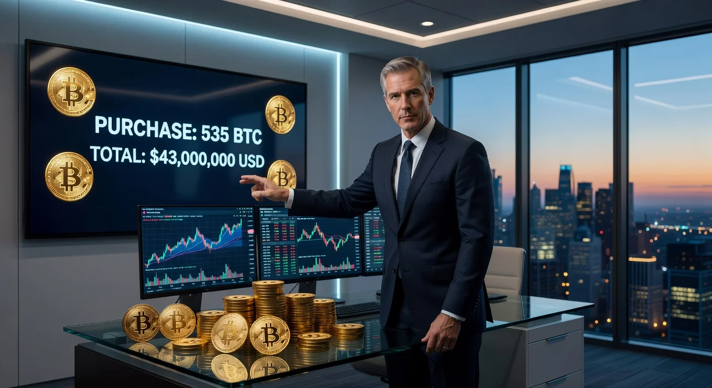 A photorealistic depiction of Michael Saylor reviewing Bitcoin purchase details in a modern office with stacks of Bitcoin coins and financial charts.