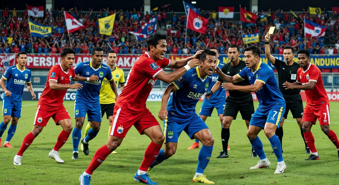 Realistic depiction of Rizky Ridho allegedly pulling Beckham Putra's hair post Persija vs Persib match in a crowded stadium.